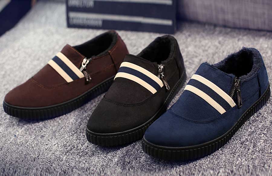 Men's stripe pattern zip leather winter slip on shoe loafers