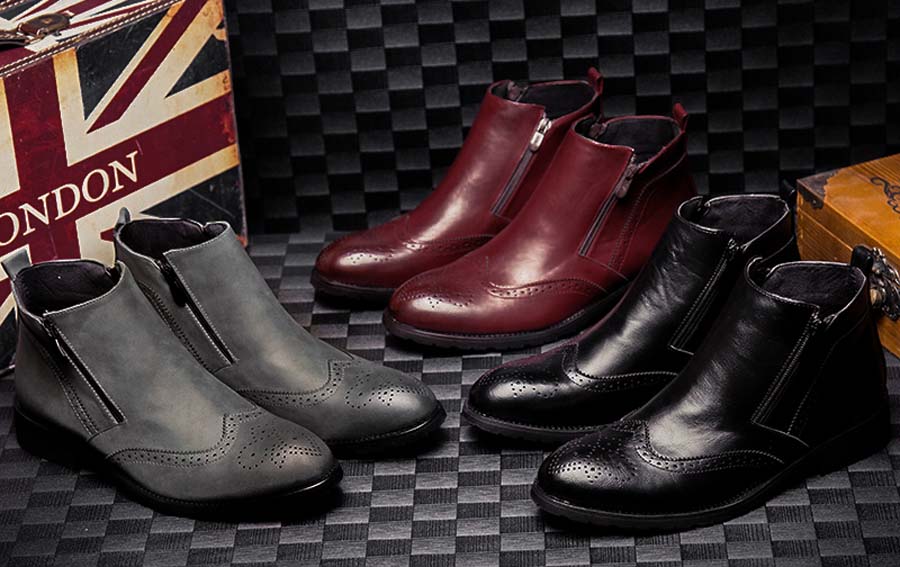 Men's retro brogue leather slip on dress shoe boots