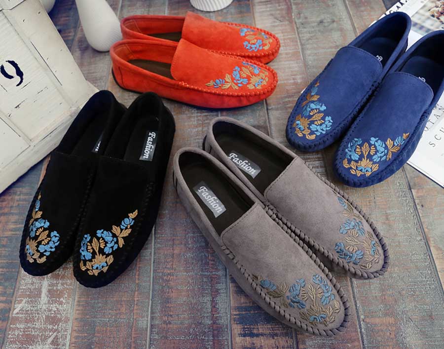 Men's floral print leather slip on shoe loafers