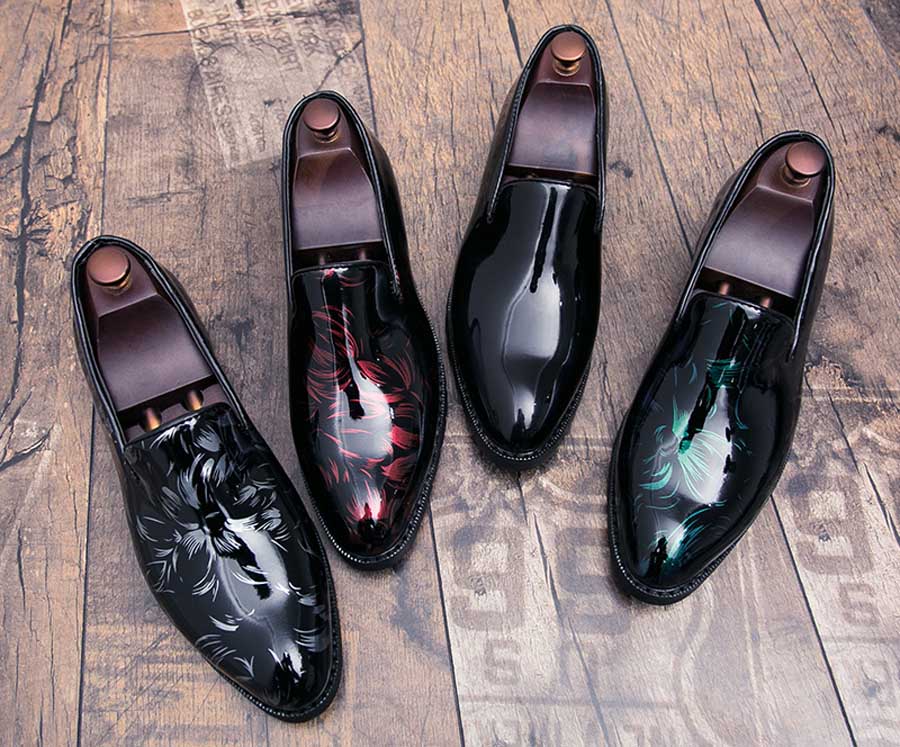 Men's floral patent leather slip on dress shoes