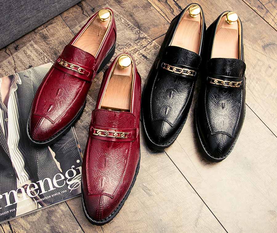 Men's retro chain buckle leather slip on dress shoes