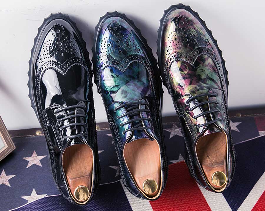 Men's camo patent leather derby brogue dress shoes