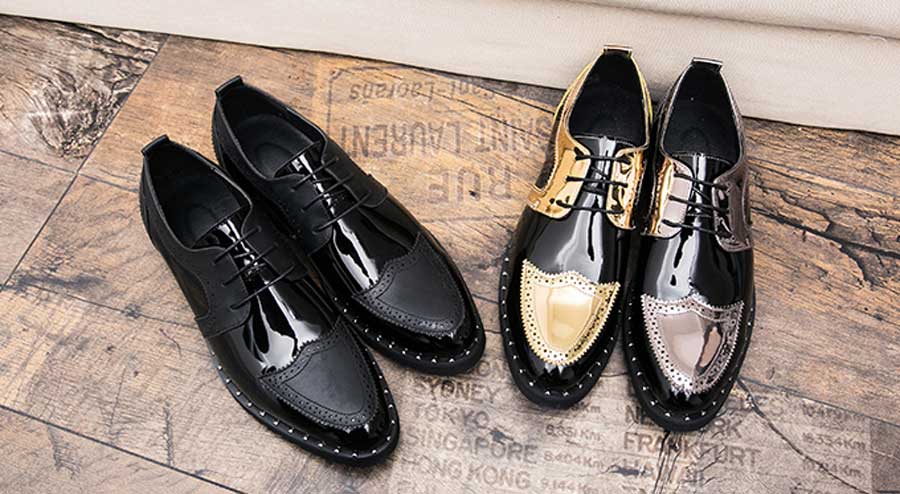 Men's patent golden two tone derby brogue dress shoes