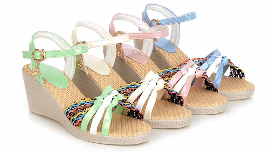 Womens rainbow leather buckle wedge shoe sandals
