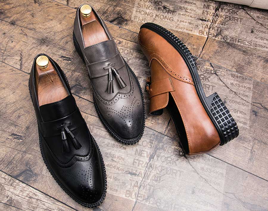 Men's retro brogue tassel slip on dress shoes