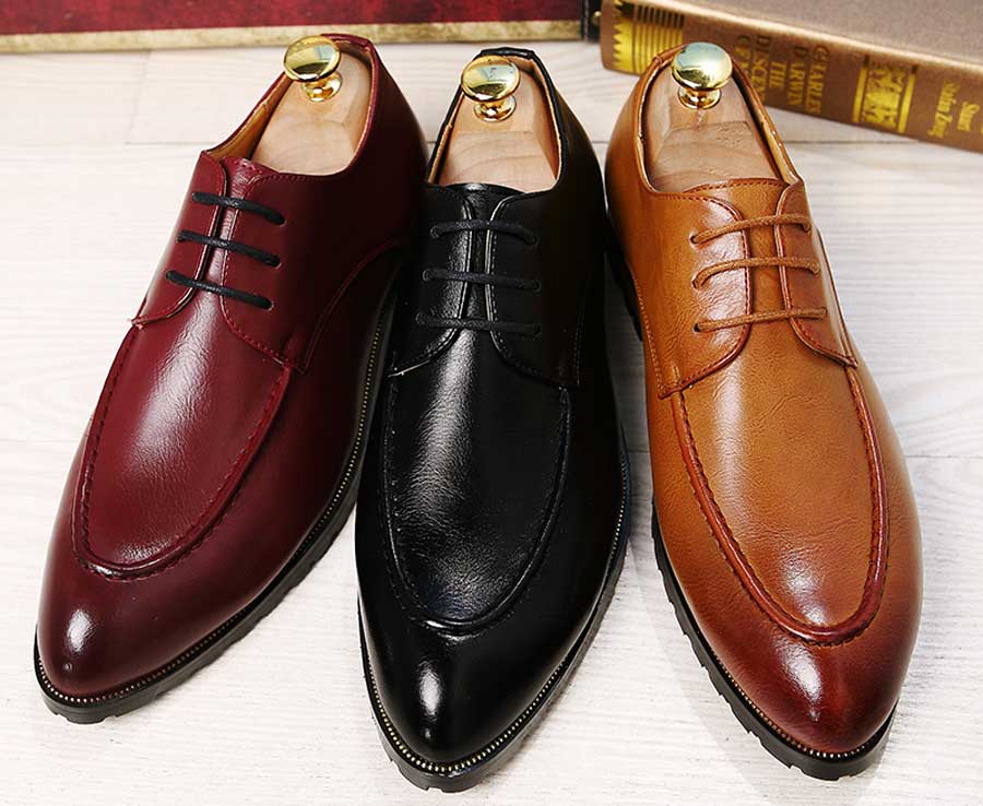 Men's retro point toe leather derby dress shoes