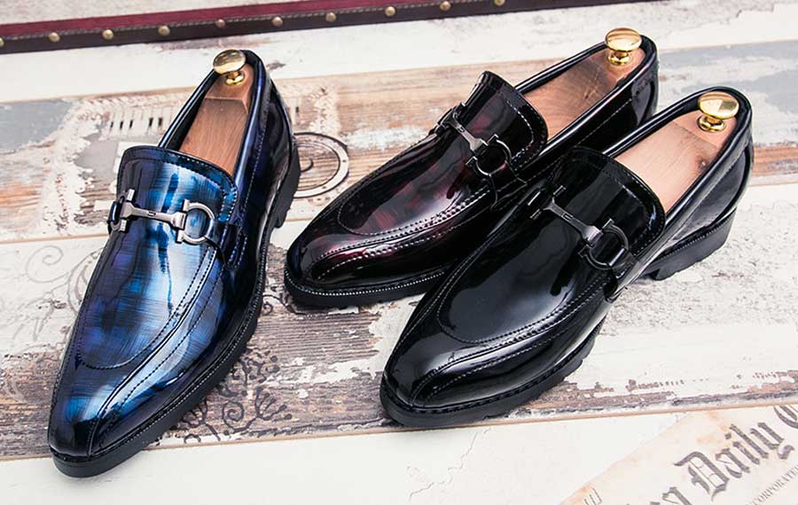Men's patent leather buckle slip on dress shoes