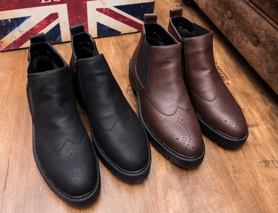 Men's leather brogue slip on dress shoe boots zip on side