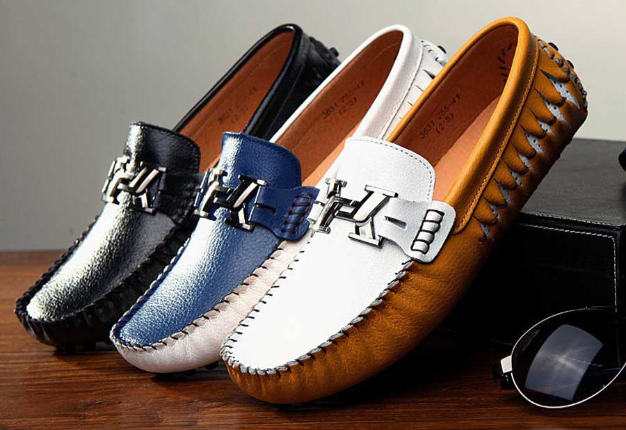 Men's metal buckle hollow leather slip on shoe loafers