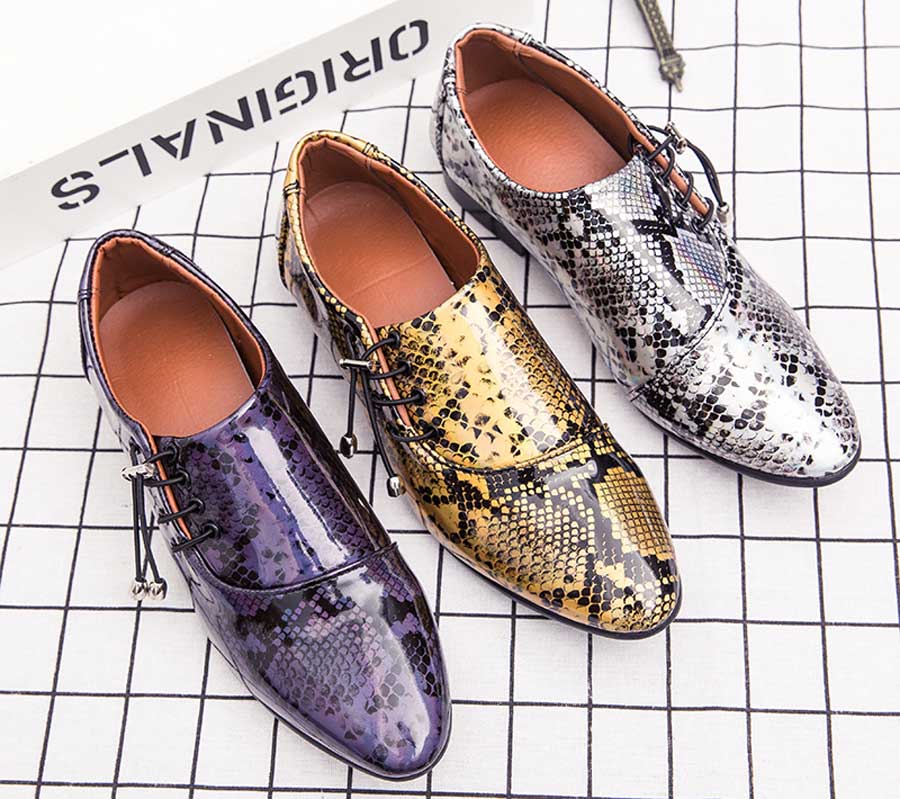 Men's brogue snake skin pattern lace from side leather dress shoes
