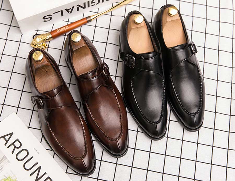 Men's retro buckle strap leather slip on dress shoes