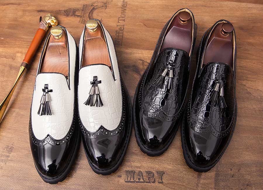 Men's brogue croco patent slip on dress shoes with tassel