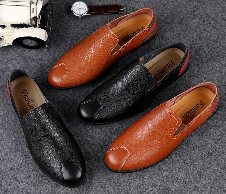 Men's color stripe pattern leather slip on shoe loafers