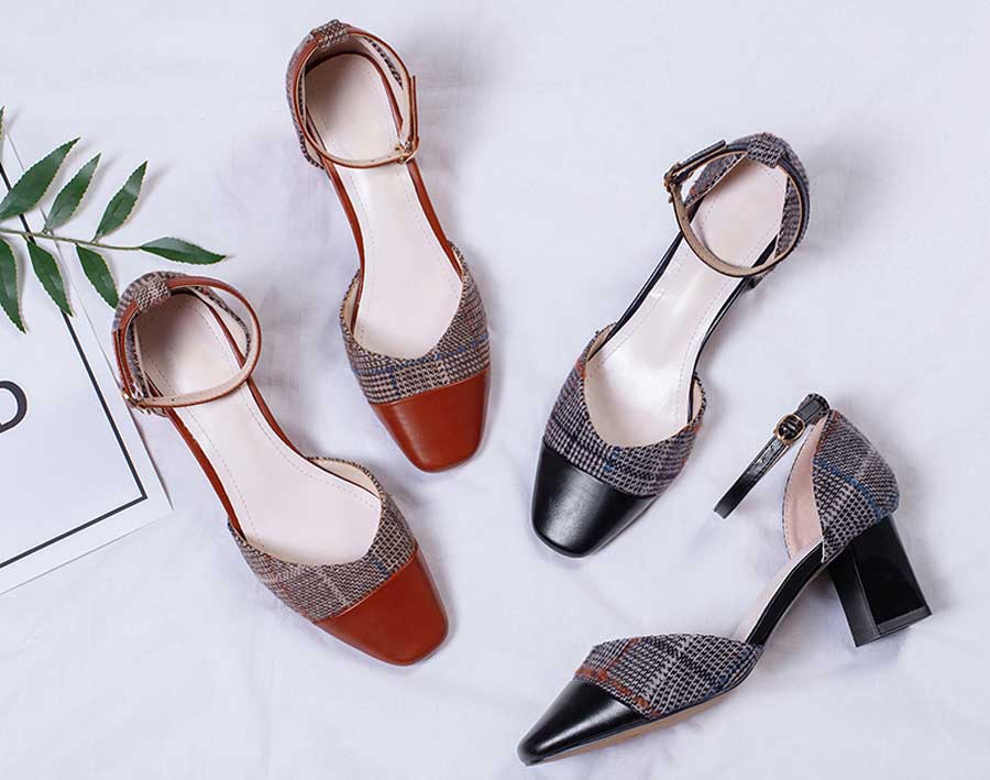 Women's check pattern ankle buckle heel shoes