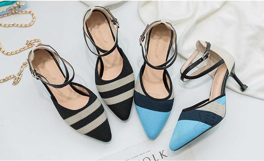 Women's stripe block ankle buckle heel shoes