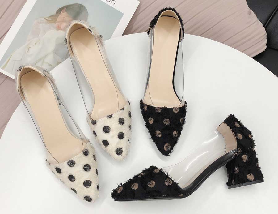 Women's polka dot suede slip on dress shoes clear side