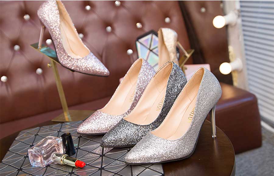 Women's sequin pattern slip on high heel dress shoes