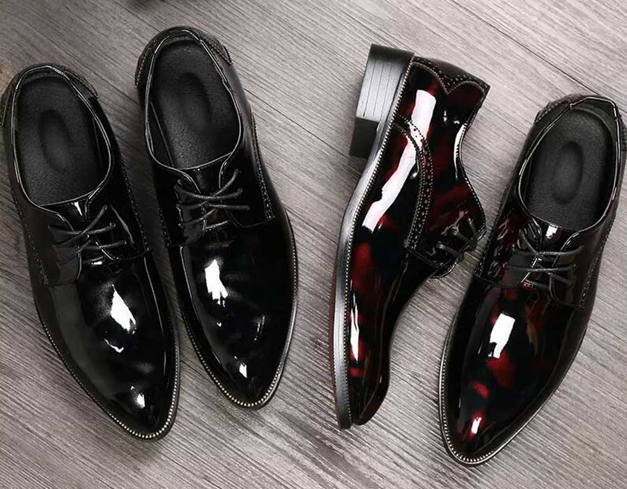 Men's red brogue patent leather derby dress shoes