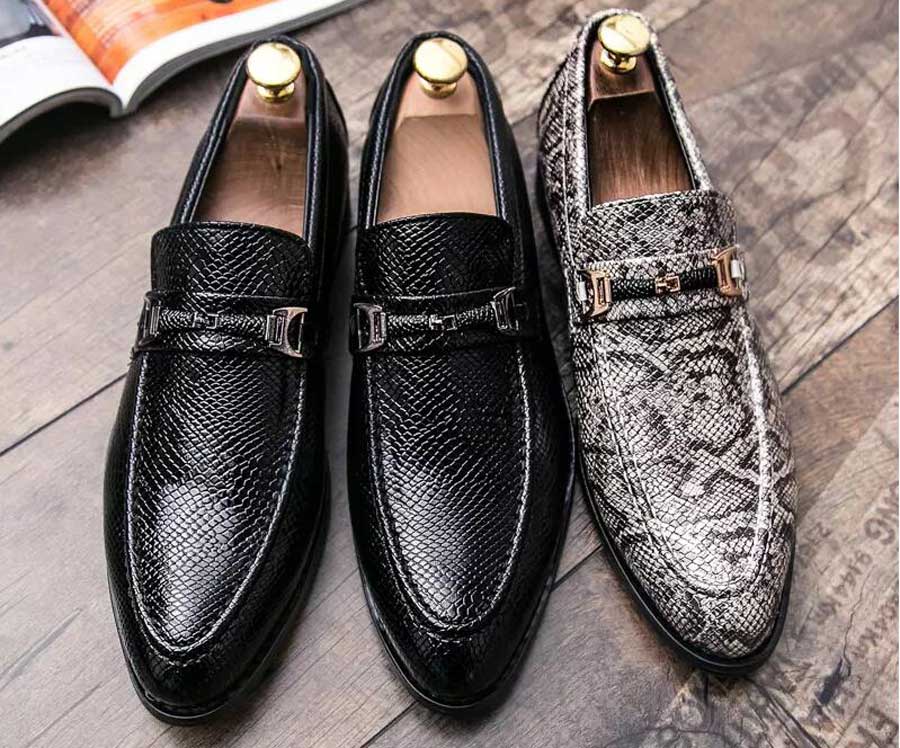 Men's snake skin pattern buckle leather slip on dress shoes