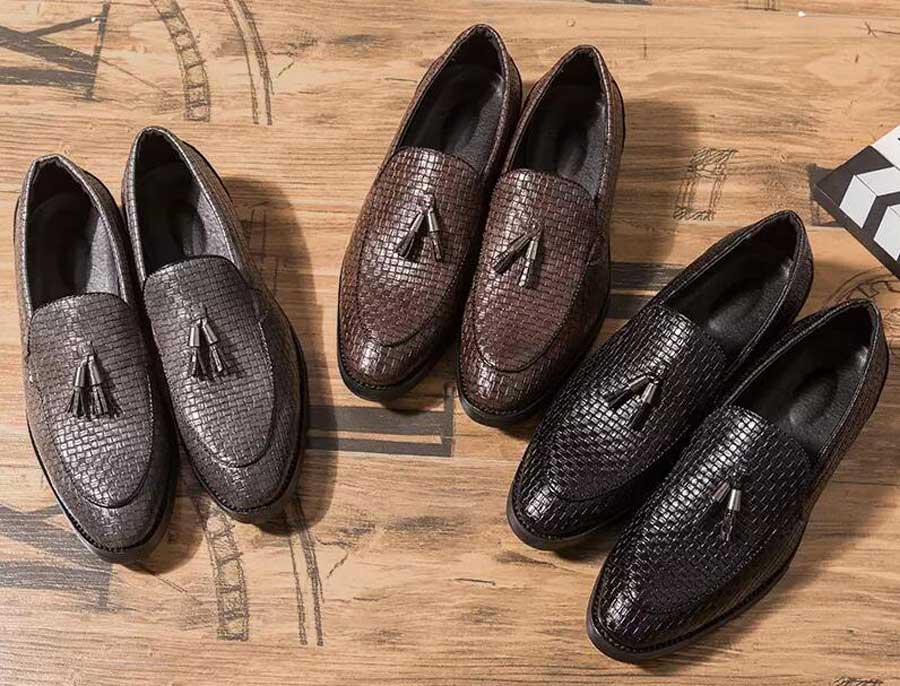 Men's tassel check pattern leather slip on dress shoes