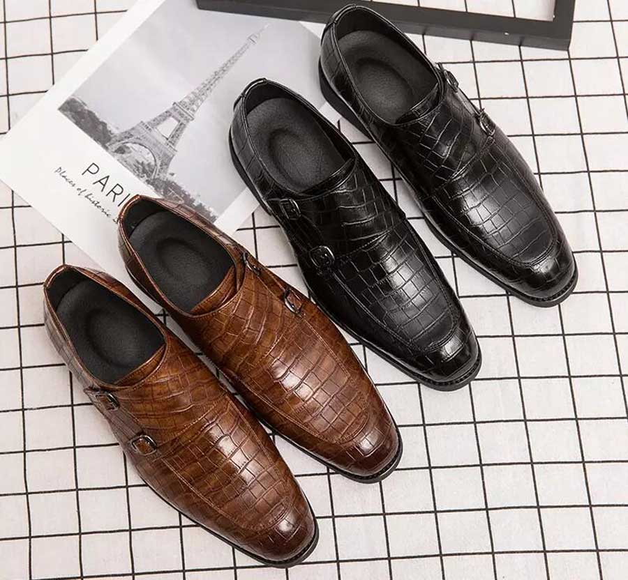Men's croc pattern monk strap leather slip on dress shoes