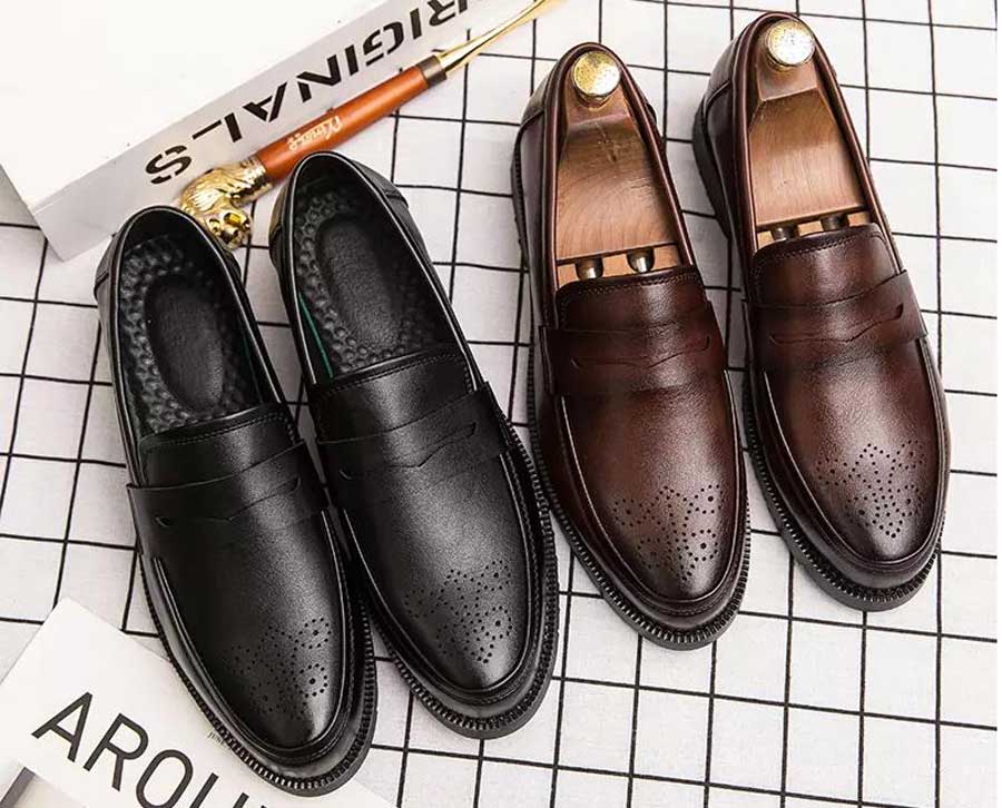 Men's brogue leather slip on penny dress shoes