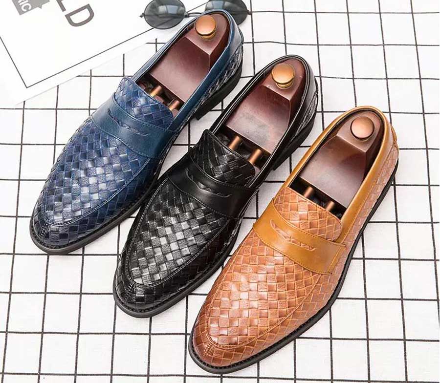 Men's check pattern leather penny slip on dress shoes