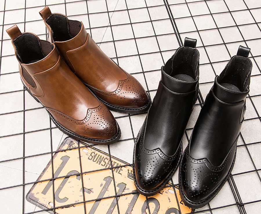 Men's retro brogue slip on dress shoe boots