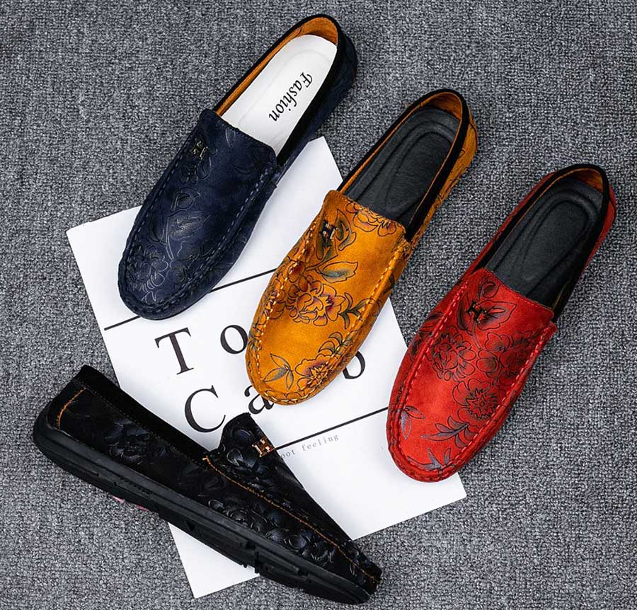 Men's letter ornament floral pattern slip on shoe loafers