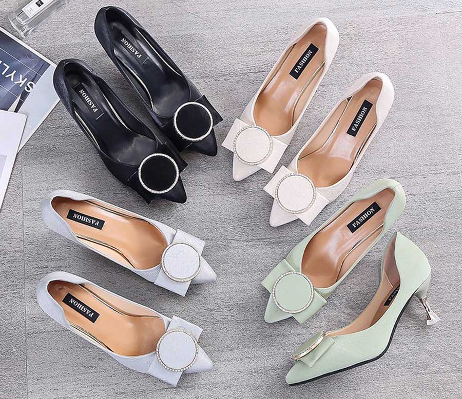 Women's round rhinestone slip on heel dress shoes