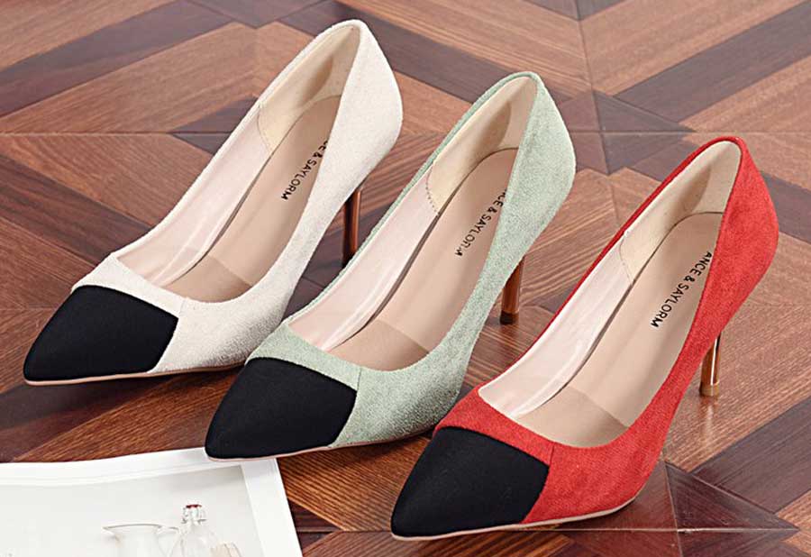Women's mixed color slip on high heel dress shoes