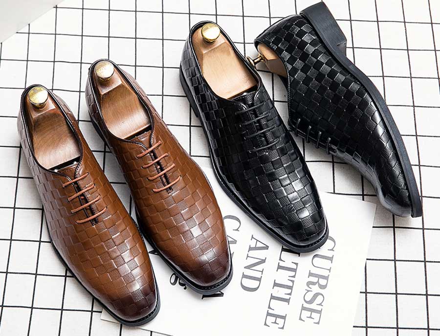 Men's check pattern leather oxford dress shoes