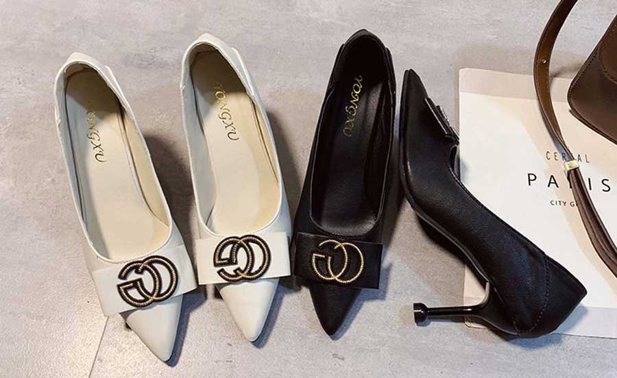 Women's CG buckle on vamp slip on high heel dress shoes