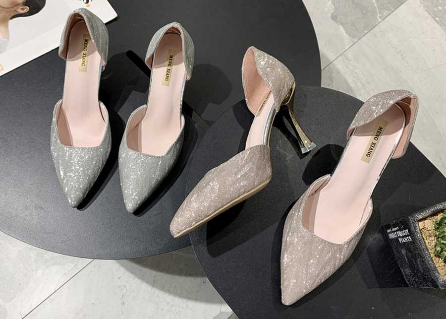 Women's sequin slip on high heel dress shoes side cut ous