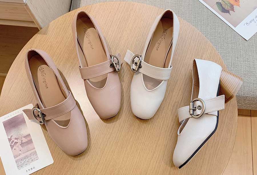 Women's buckle strap slip on thick heel dress shoes