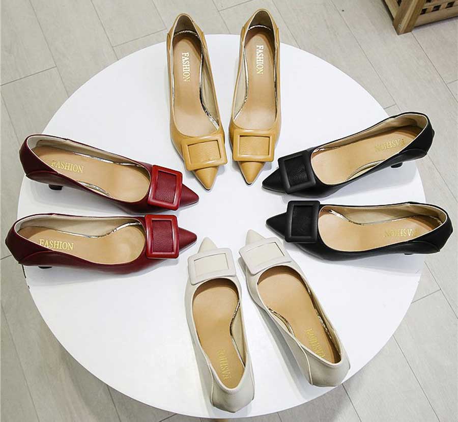 Women's rectangle cut out buckle slip on heel dress shoes