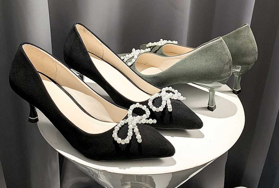 Women's rhinestone bow tie slip on heel dress shoes
