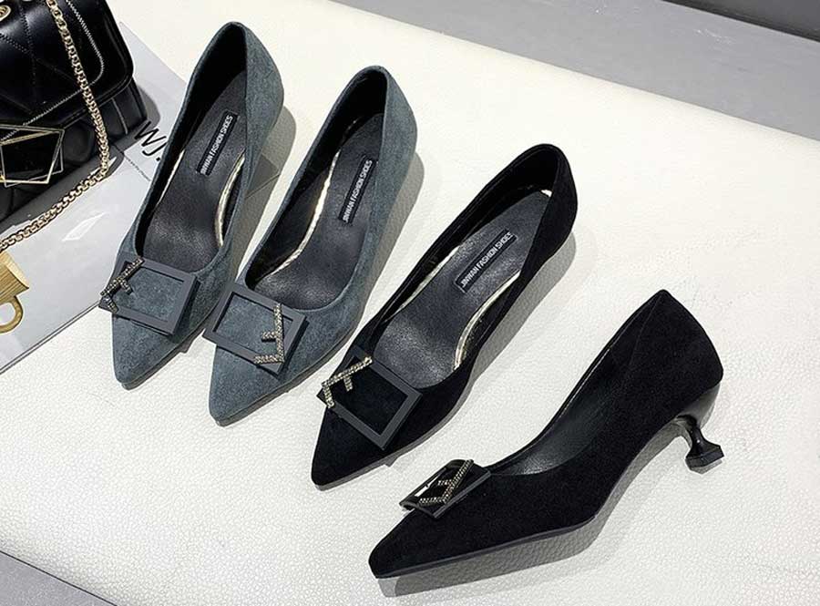 Women's square buckle slip on heel dress shoes