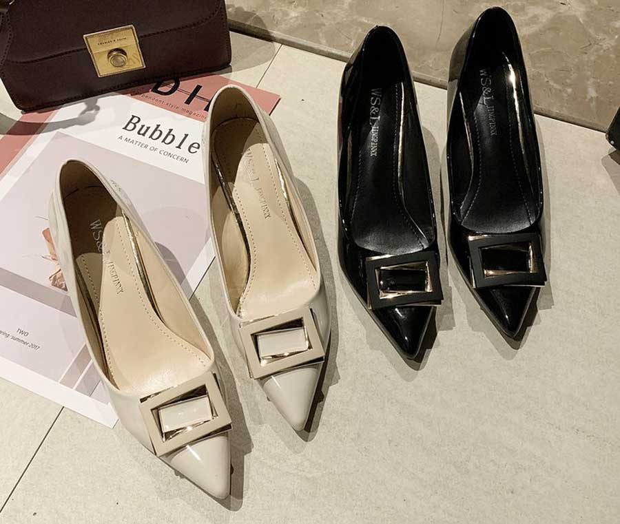 Women's square buckle slip on heel dress shoes
