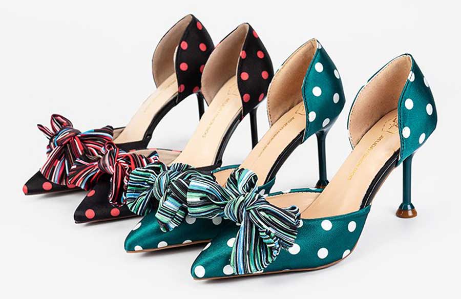 Women's polka dot slip on heel dress shoes with bow tie