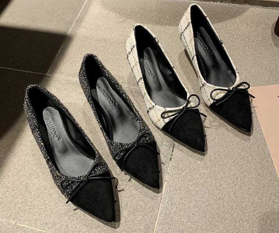 Women's check bow tie slip on heel dress shoes