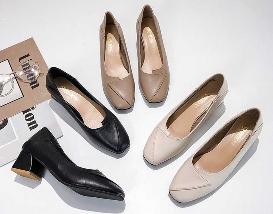 Women's square toe slip on heel dress shoe fold style