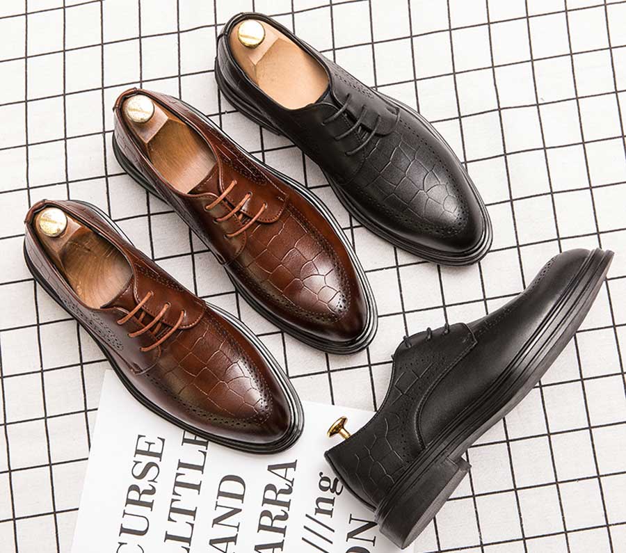 Men's croc skin pattern retro brogue derby dress shoes