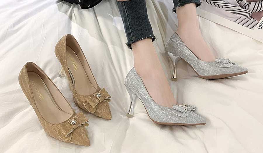 Women's bow tie pattern slip on heel dress shoes