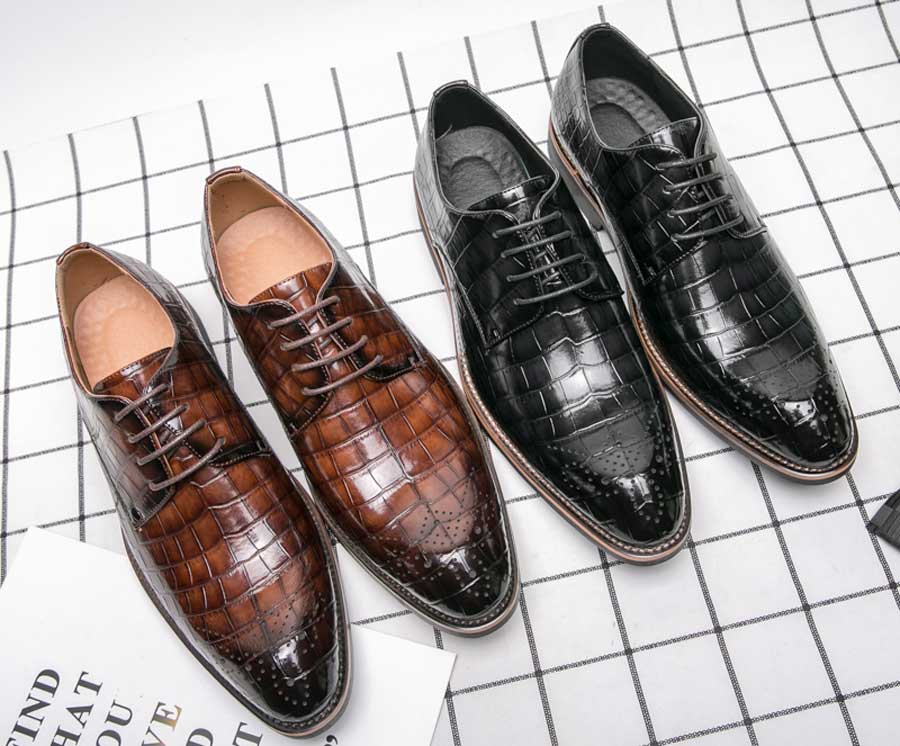 Men's croc skin pattern retro brogue derby dress shoes