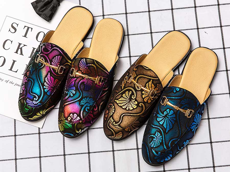Men's floral pattern print metal buckle slip on shoe mules