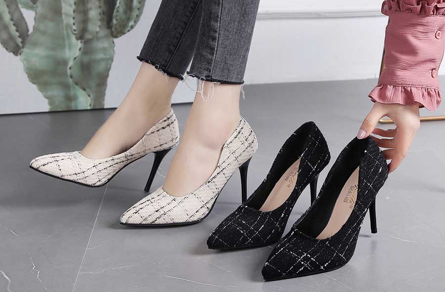 Women's stripe check texture slip on high heel dress shoes