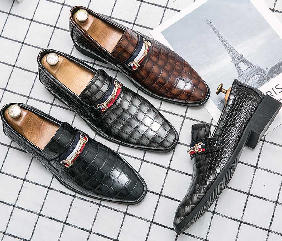 Men's croc skin pattern color strap buckle slip on dress shoes