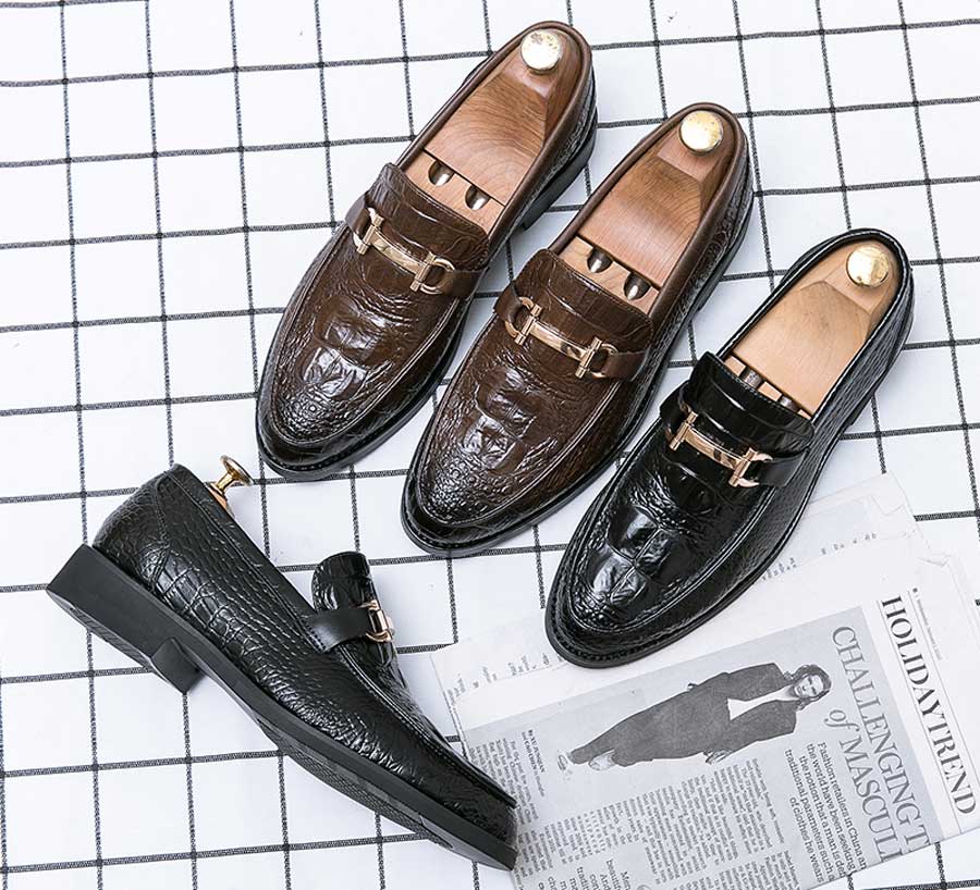 Men's crocodile skin pattern metal buckle slip on dress shoes