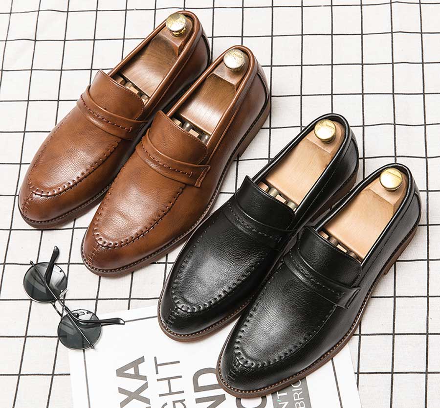 Men's sewed accents penny slip on dress shoes